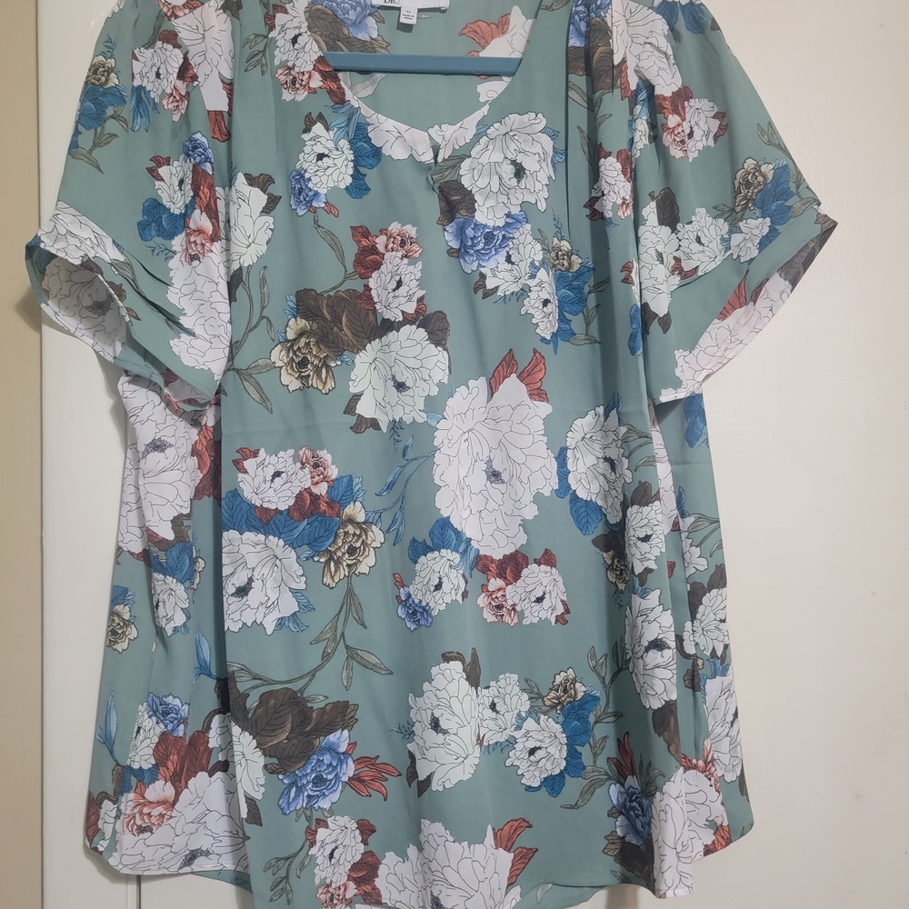 DR2 Green Floral Blouse with Multicolor Blooms
